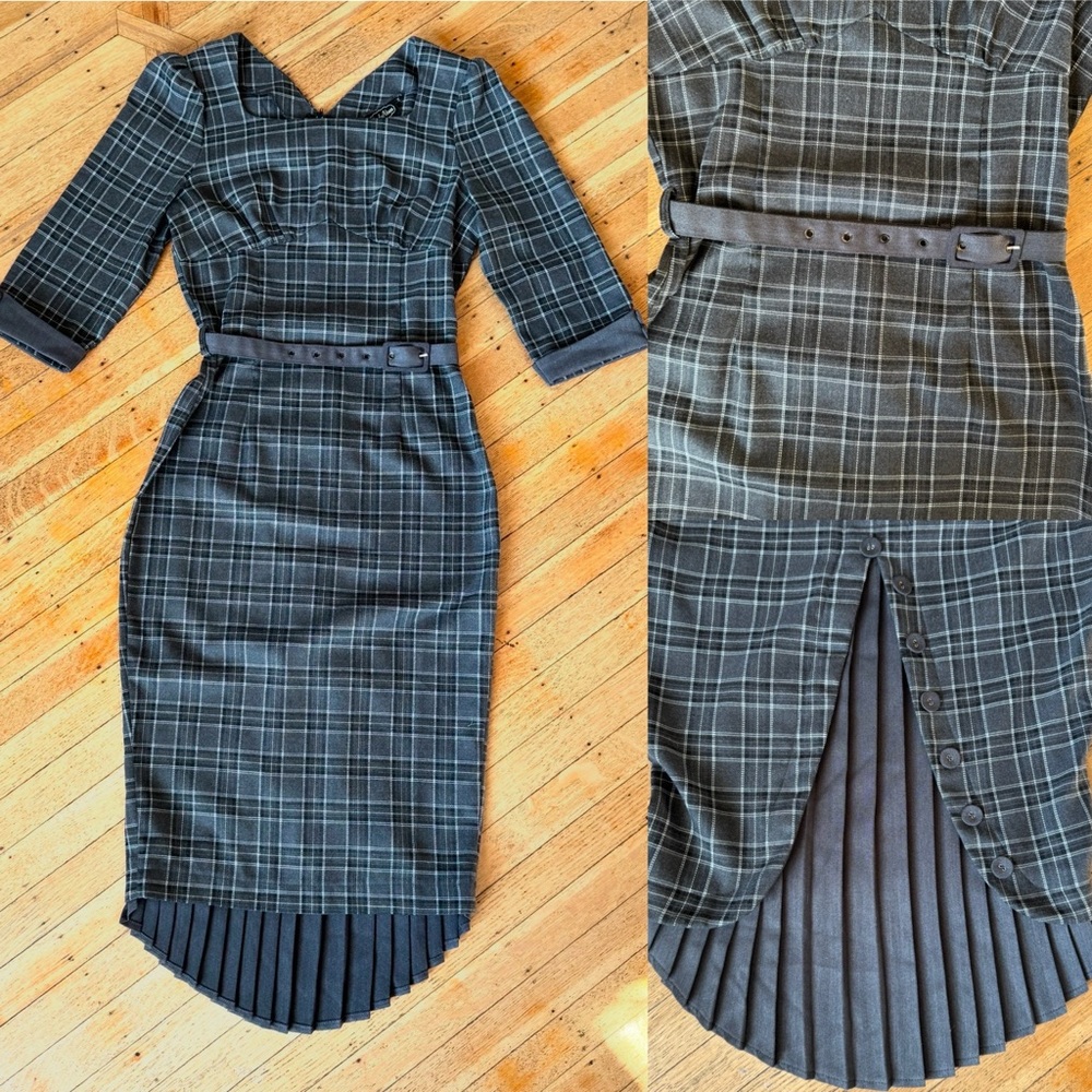 Voodoo Vixen Black & Grays Plaid, pinup style party dress, flattering, medium